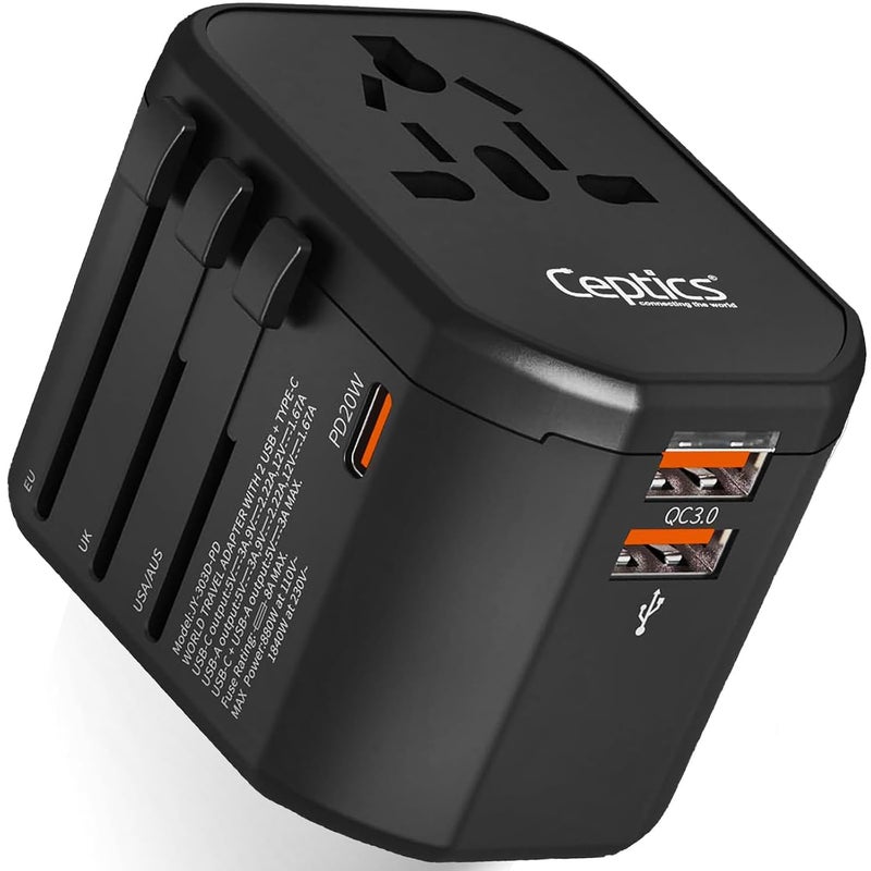 Ceptics Ceptics 4 in 1 Universal Charger Adapter 2 USB QC 30 20W USBC Universal Travel Adapter All in One Fast Charging International Travel Adapter Lifetime Limited Warranty for EU UK USAAUS Black  - Image 1