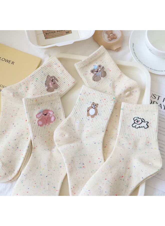 Gujin Women's Cotton Mid-calf Socks Seamless Spring Summer Cartoon Embroidery Cute Versatile Breathable Skin-friendly Slouch Socks 5 Pairs - Image 3