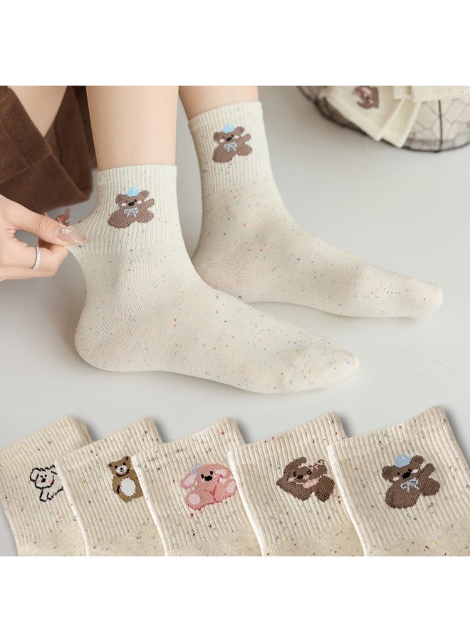 Gujin Women's Cotton Mid-calf Socks Seamless Spring Summer Cartoon Embroidery Cute Versatile Breathable Skin-friendly Slouch Socks 5 Pairs - Image 1