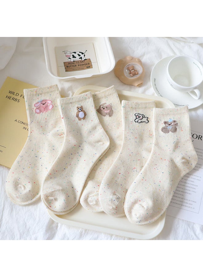 Gujin Women's Cotton Mid-calf Socks Seamless Spring Summer Cartoon Embroidery Cute Versatile Breathable Skin-friendly Slouch Socks 5 Pairs - Image 2