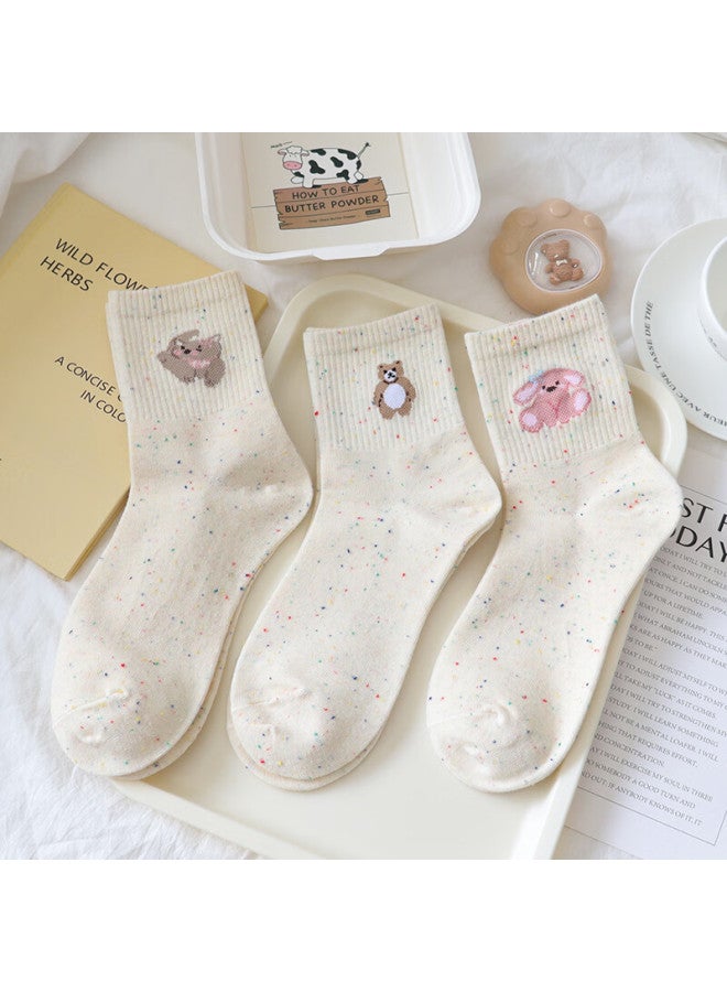 Gujin Women's Cotton Mid-calf Socks Seamless Spring Summer Cartoon Embroidery Cute Versatile Breathable Skin-friendly Slouch Socks 5 Pairs - Image 4