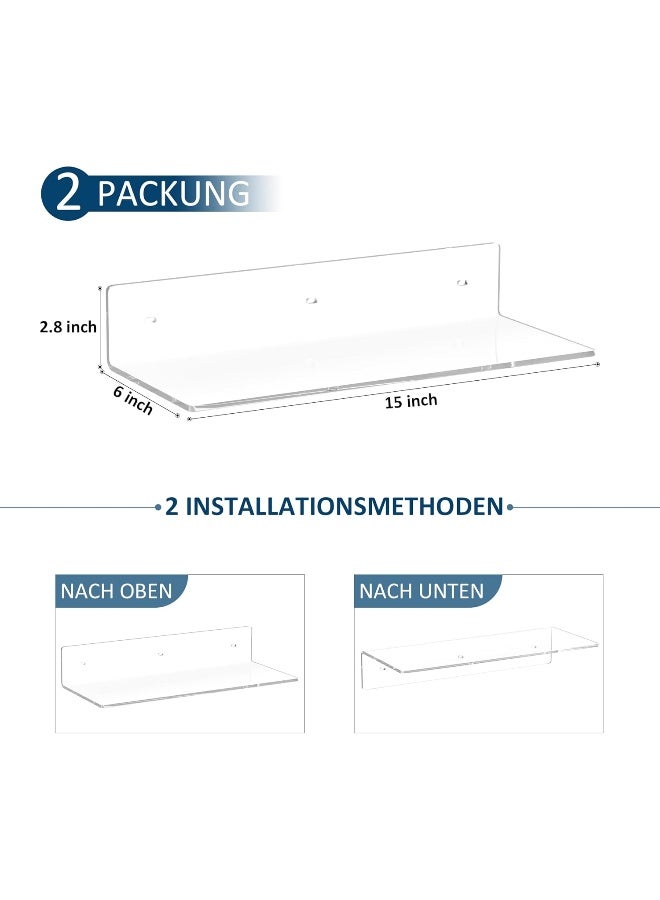 TPGP 38cm Clear Acrylic Shelves, Wall Mounted Shelves for Bedroom, Wall Display Shelves for Collectibles, Funko Pop, Speakers, Plants, 2-Pack - Image 3