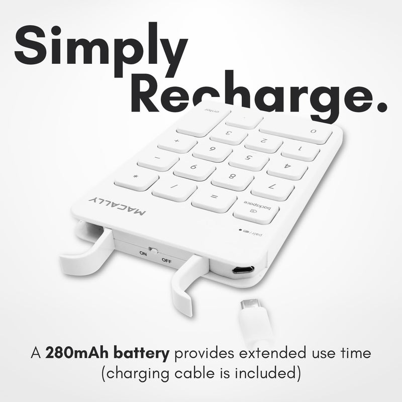 MACALLY Bluetooth Number Pad for Laptop, Apple, Mac, iMac, MacBook Pro/Air, Ipad, Windows PC, Tablet, or Desktop Computer - Rechargeable 18 Key Wireless Numeric Keypad - White Bluetooth 10 Key Numpad - Image 5