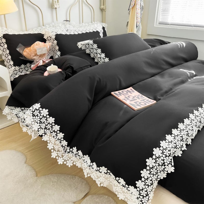 IHOUSTRIY Lace Duvet Cover Twin Size, Chic Ruffle Beddding Set, 2 Pieces Comforter Cover Set with Zipper Closure, Girl Bedding with Pillowcase - Black, Twin - Image 2