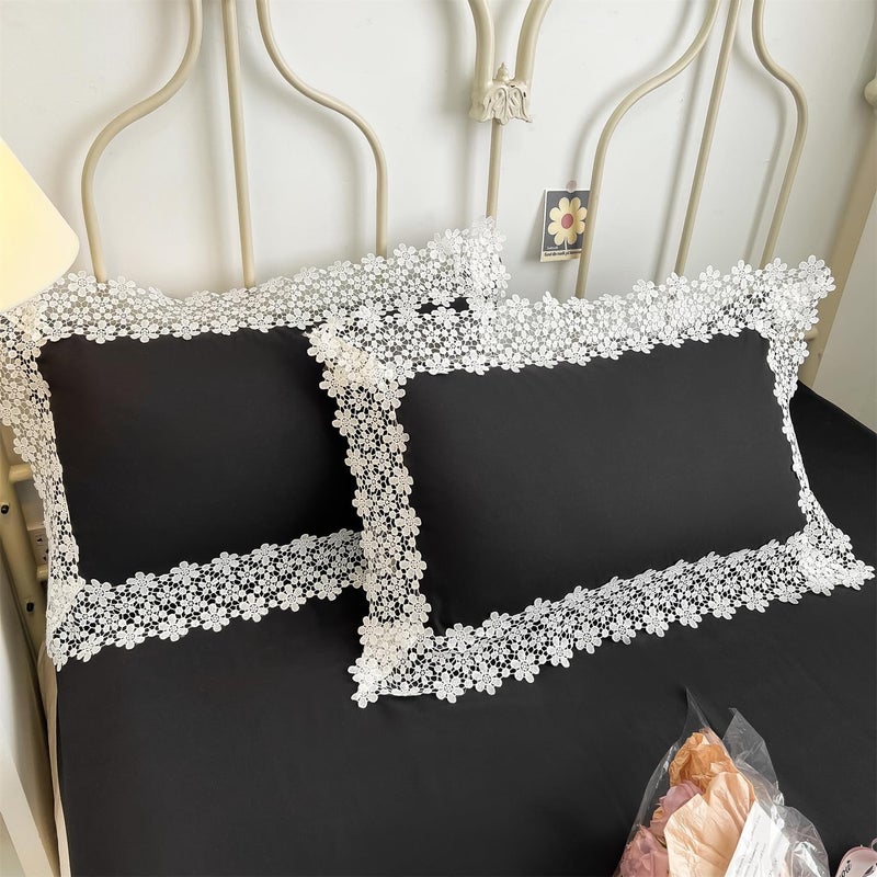 IHOUSTRIY Lace Duvet Cover Twin Size, Chic Ruffle Beddding Set, 2 Pieces Comforter Cover Set with Zipper Closure, Girl Bedding with Pillowcase - Black, Twin - Image 5