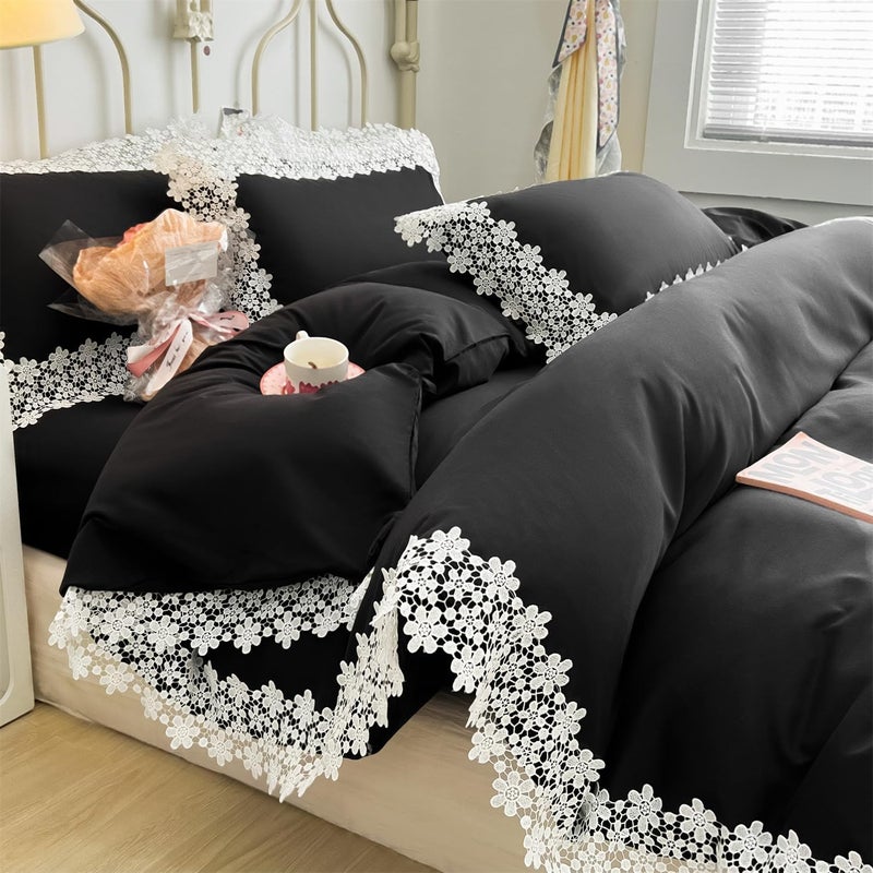 IHOUSTRIY Lace Duvet Cover Twin Size, Chic Ruffle Beddding Set, 2 Pieces Comforter Cover Set with Zipper Closure, Girl Bedding with Pillowcase - Black, Twin - Image 1
