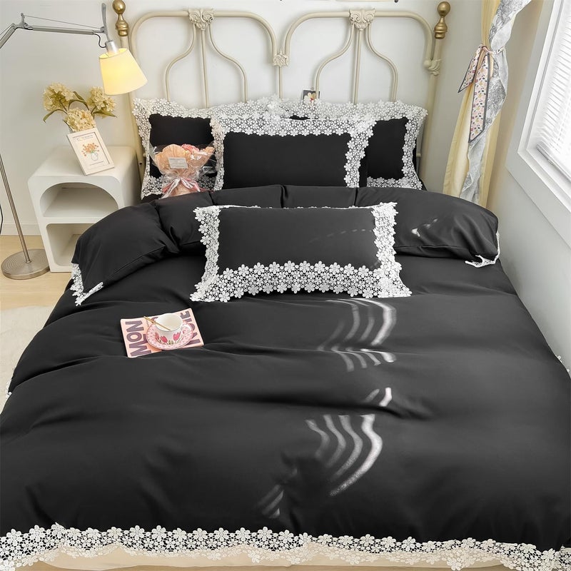 IHOUSTRIY Lace Duvet Cover Twin Size, Chic Ruffle Beddding Set, 2 Pieces Comforter Cover Set with Zipper Closure, Girl Bedding with Pillowcase - Black, Twin - Image 3