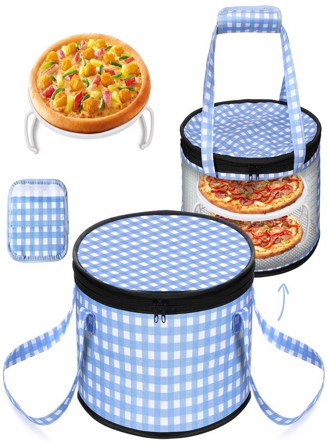 Pickmesh Round Pie Carrier 12 x 7 Inch Insulated Casserole Carriers with Lid and Detachable Handle Cake Carrier for Hot or Cold Food Transport Thanksgiving Christmas Gift (Blue and White Plaid) - Image 1