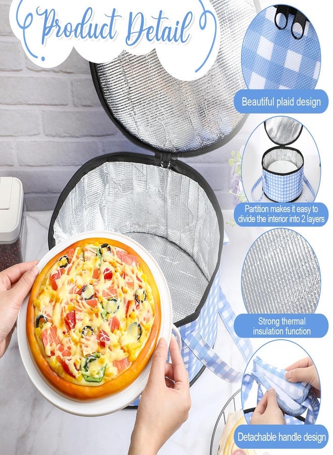 Pickmesh Round Pie Carrier 12 x 7 Inch Insulated Casserole Carriers with Lid and Detachable Handle Cake Carrier for Hot or Cold Food Transport Thanksgiving Christmas Gift (Blue and White Plaid) - Image 3
