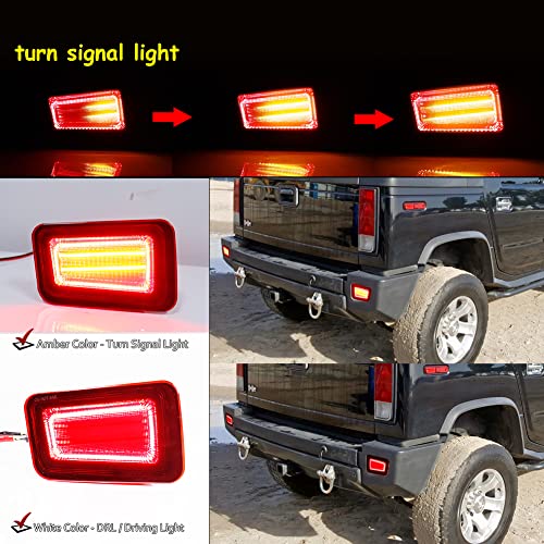 Tonsya Compatible With 2005 2006 2007 2008 2009 Hummer H2 Rear Bumper Reflector Tail Lights Turn Signal Daytime Running & Brake Stop Lamps 3 IN 1 Replacement 3D Optic Red Lens Amber & Red Led - Image 4