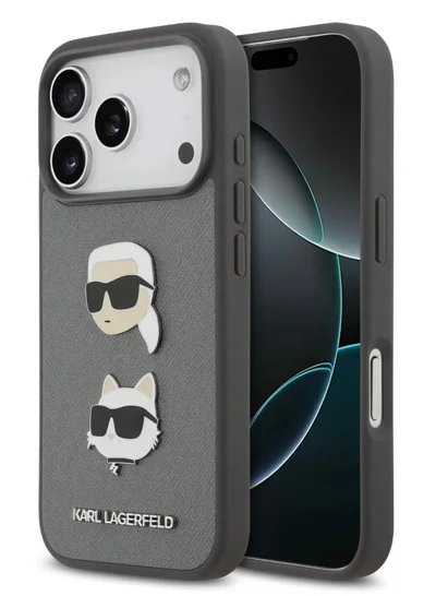 كارل لاغرفيلد جراب جلد سافيانو مغلف بالكامل لهاتف iPhone 17 Pro Max مع دبابيس رأس كارل وشوبيت / سهل التركيب / تصميم نحيف / خفيف الوزن / غطاء خلفي - رمادي