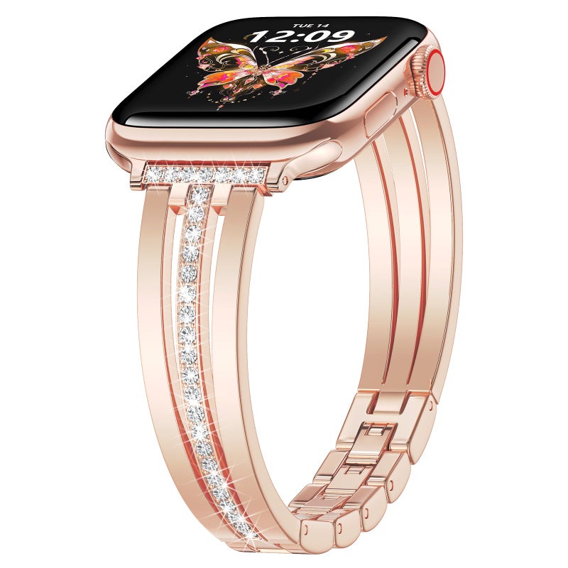 AIRSPO Slim Band Compatible with Apple Watch 38mm 40mm 41mm Women Thin Metal Strap Dressy Jewelry Bracelet with Bling Diamond for iWatch Bands Series 10 9 8 7 6 5 4 3 SE (Rose Gold, 38mm 40mm 41mm) - Image 1