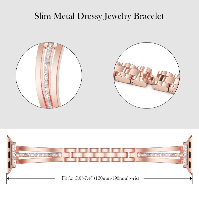 AIRSPO Slim Band Compatible with Apple Watch 38mm 40mm 41mm Women Thin Metal Strap Dressy Jewelry Bracelet with Bling Diamond for iWatch Bands Series 10 9 8 7 6 5 4 3 SE (Rose Gold, 38mm 40mm 41mm) - Image 3