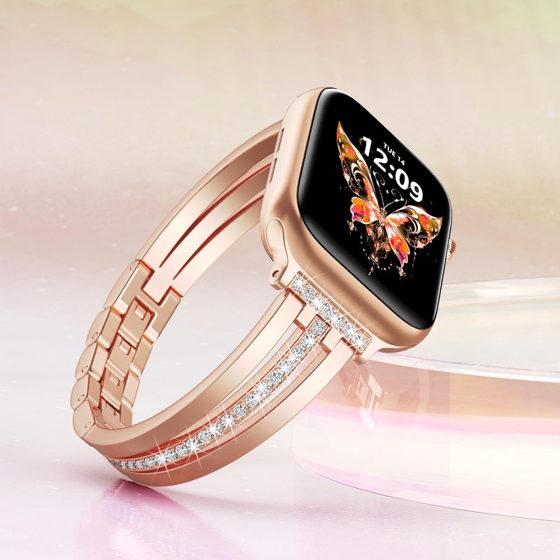 AIRSPO Slim Band Compatible with Apple Watch 38mm 40mm 41mm Women Thin Metal Strap Dressy Jewelry Bracelet with Bling Diamond for iWatch Bands Series 10 9 8 7 6 5 4 3 SE (Rose Gold, 38mm 40mm 41mm) - Image 4