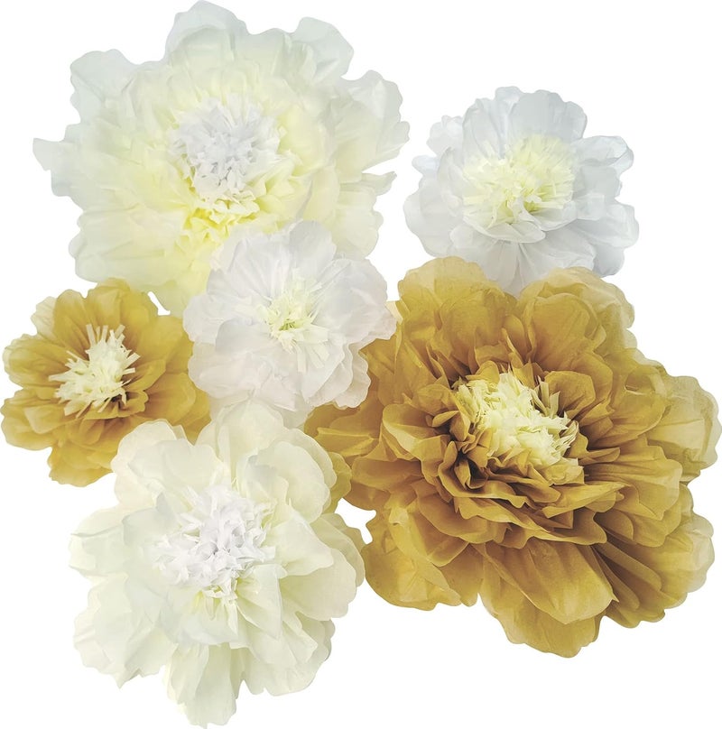 Mybbshower White Gold Large Paper Flower Decorations for Wedding Party Backdrop DIY Home Flower Wall Arrangement Decorations 2010 Assorted Pack of 6 - Image 1