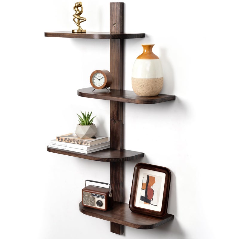 Afuly Mid Century Modern Decor Floating Shelves Walnut Display Shelf Wall Unit Solid Wood Decorative Shelving Home Decor Living Room Bedroom Coffee Bar Bathroom Plant Photo Set of 4 - Image 1
