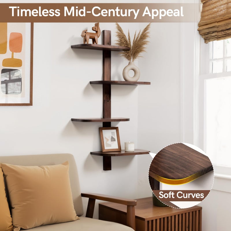 Afuly Mid Century Modern Decor Floating Shelves Walnut Display Shelf Wall Unit Solid Wood Decorative Shelving Home Decor Living Room Bedroom Coffee Bar Bathroom Plant Photo Set of 4 - Image 3