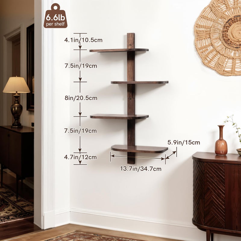 Afuly Mid Century Modern Decor Floating Shelves Walnut Display Shelf Wall Unit Solid Wood Decorative Shelving Home Decor Living Room Bedroom Coffee Bar Bathroom Plant Photo Set of 4 - Image 2