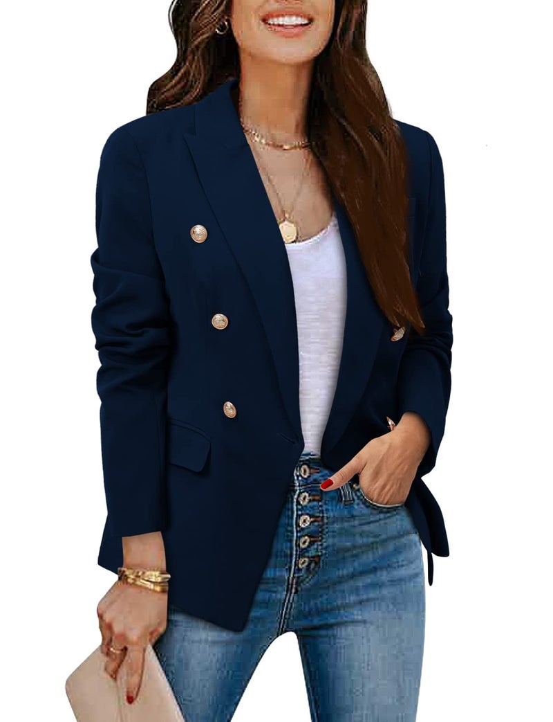 CRAZY GRID Womens Double Breasted Business Casual Blazer Jacket - Long Sleeve Dressy Office Blazer - Deep Blue Medium - Image 3