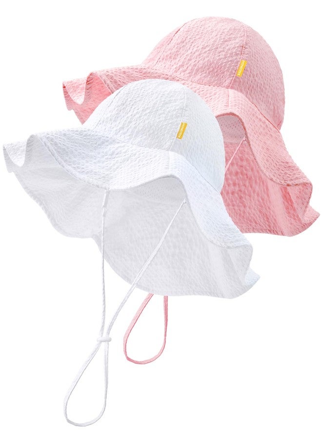 HONGTEYA Baby Sun Hat Toddler Girl Beach Hat Adjustable Outdoor Summer Hat UPF 50+ Sun Protection Wide Brim Infant Kids, Pink/White, 0-6 Months - Image 1