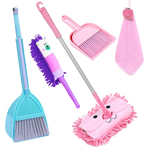 SCKTYZS 7 Pack Cleaning Set Kids Housekeeping Tools Kitchen ToysIncludes Mop BroomDustpanBrushApronRagChenille Duster Boy Girl Career Role Play - Image 1