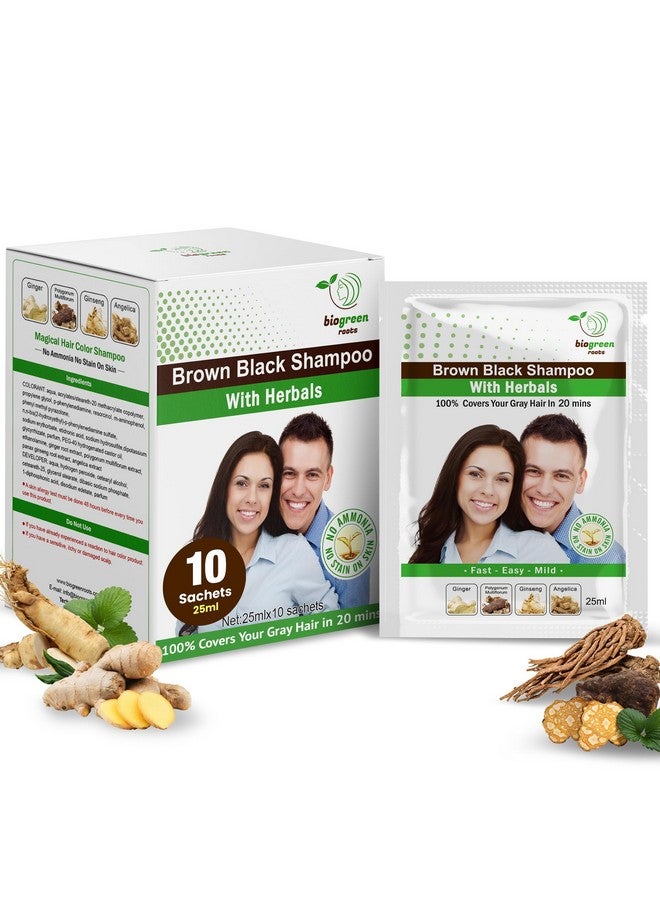 بيوجرين روتس شامبو عشبي للشعر خالي من الأمونيا - يغطي الشعر الرمادي بشكل فعال للرجال والنساء - لون طبيعي وتغذية عشبية - لا يترك بقعًا على الجلد - بني أسود (10 أكياس × 25 مل) - Image 1