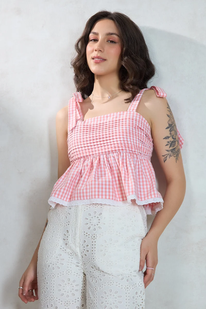 Virgio VIRGIO 100% Cotton Gingham Tie-Up Shoulder Top