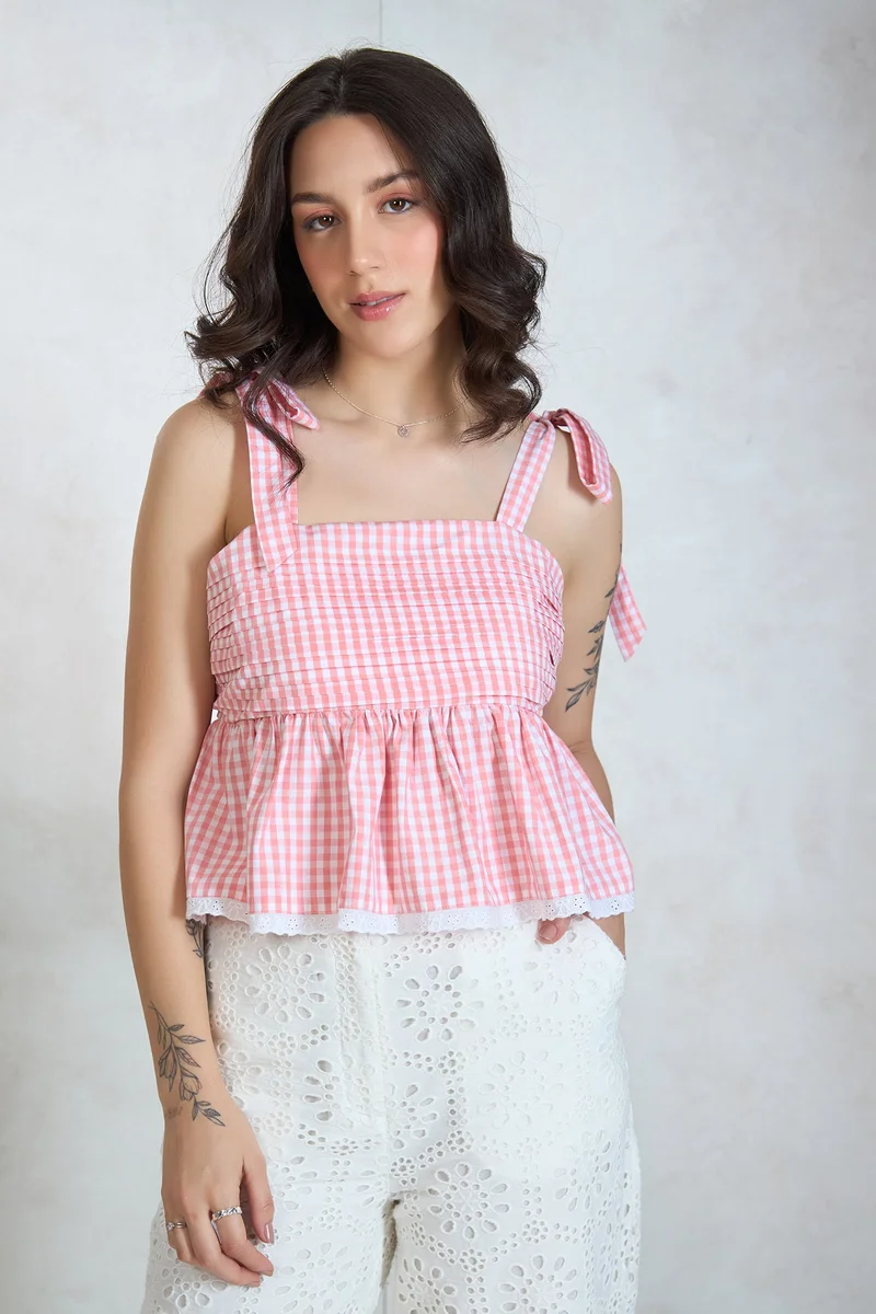 Virgio VIRGIO 100% Cotton Gingham Tie-Up Shoulder Top