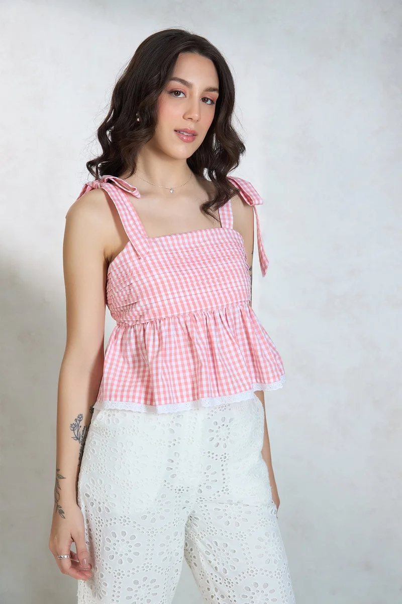 Virgio  VIRGIO 100% Cotton Gingham Tie-Up Shoulder Top for Women | Best Price UAE