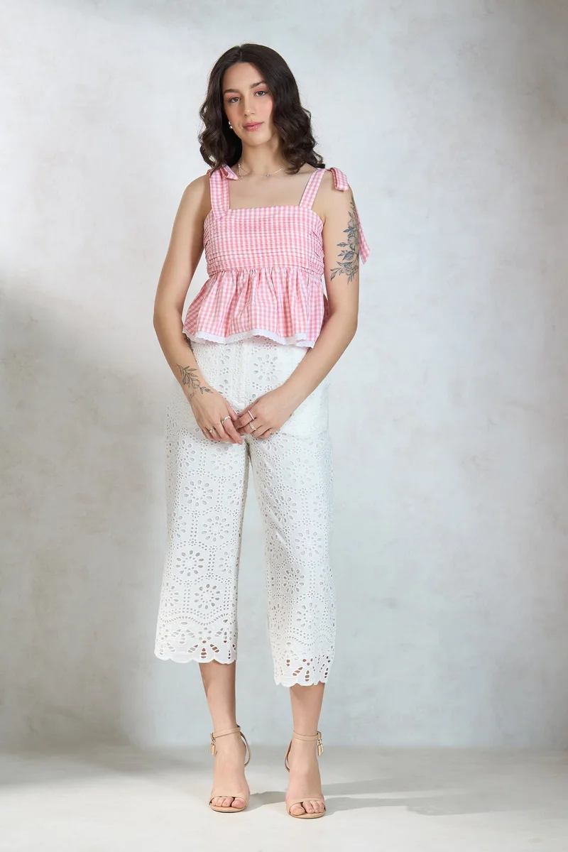 Virgio  VIRGIO 100% Cotton Gingham Tie-Up Shoulder Top for Women | Best Price UAE