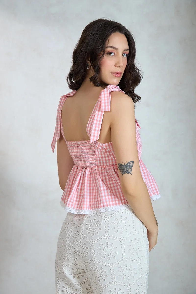 Virgio  VIRGIO 100% Cotton Gingham Tie-Up Shoulder Top for Women | Best Price UAE