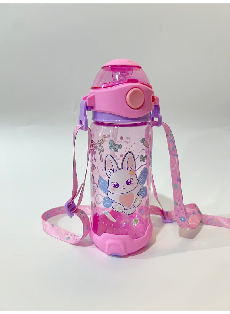 Rabbit Theme Kids Water Bottle Sippy Cup with Straw, 650ML BPA-Free Leakproof Water Bottle with Adjustable Shoulder Strap, Portable Drinking Cup for Kids