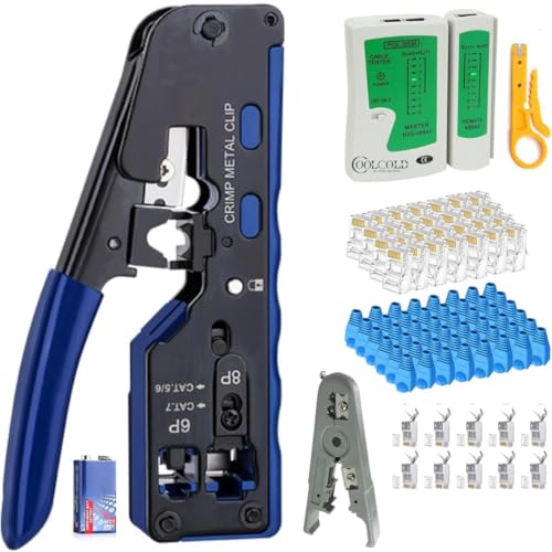 COOLCOLD مجموعة أدوات تقليم RJ45 من COOLCOLD – أداة تقليم إيثرنت تمرير من خلال للكات 7/كات 6A/كات 6/كات 5E – تشمل 10 موصلات كات 7 و10 موصلات كات 6، 10 أغطية، أداة تجريد عالمية ومختبر شبكة LAN - Image 1