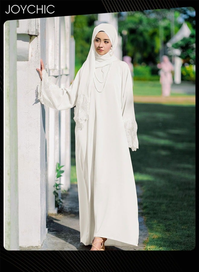 Joychic Muslim Long Dress Long-sleeved Sun Protection Dress Full Cover Kaftan with Hijab for Women White - Image 1