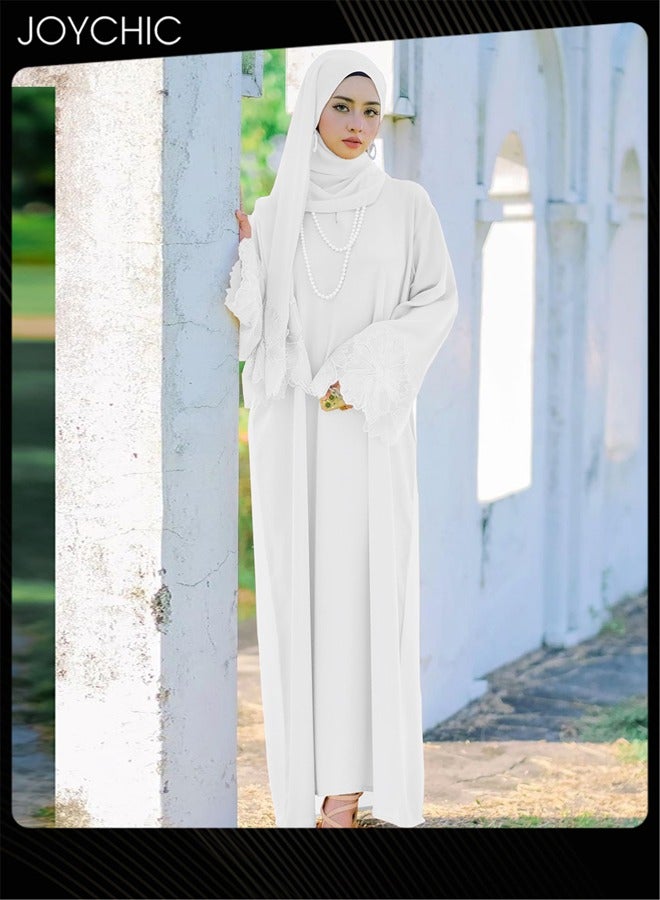 Joychic Muslim Long Dress Long-sleeved Sun Protection Dress Full Cover Kaftan with Hijab for Women White - Image 2