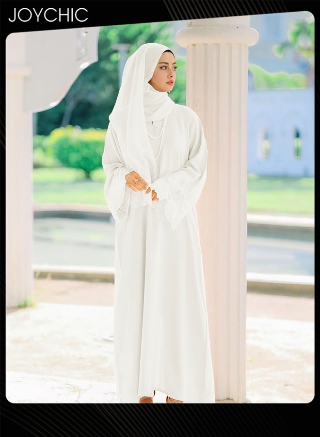 Joychic Muslim Long Dress Long-sleeved Sun Protection Dress Full Cover Kaftan with Hijab for Women White - Image 3