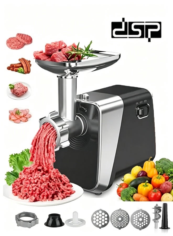 DSP 1600W Electric Meat Grinder with Reverse Function, Metal Gears & Sausage Maker - KM-5034, Black/Silver - Image 1