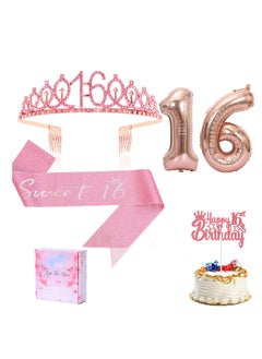 16th Birthday Sash Tiara Balloon Set, Including 16th Tiara Crown, Sweet 16 Sash, Birthday Cake Topper, Foil Number Balloons for Girl's 16th Birthday Decor