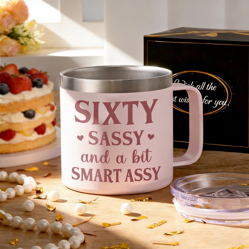 Lifecapido 60th Birthday Gifts for Women, 14oz Sixty Sassy And A Bit Smart Assy Coffee Mug, 60 Year Old Birthday Gifts for 60 Year Old Woman, Mom, Grandma, Wife, Friends, 60th Birthday Gift Ideas - Image 3