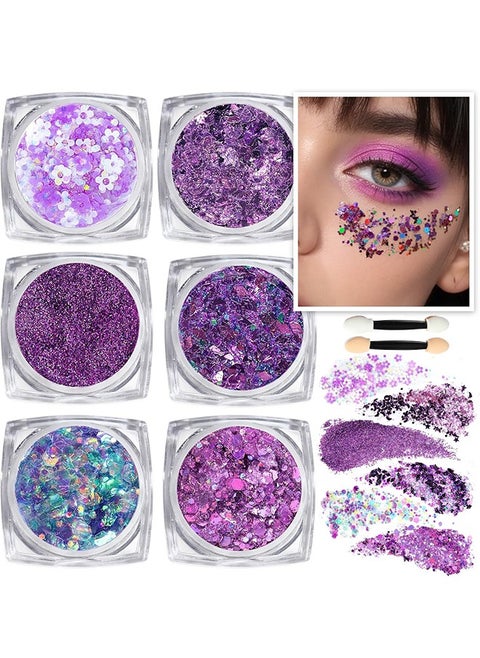 Teenitor Body Glitter Gel, Purple Face Glitter Set, 6 Shapes Face and Body Glitter, Hair Glitter Gel, Purple Makeup Glitters Gel for Face, Body, Hair