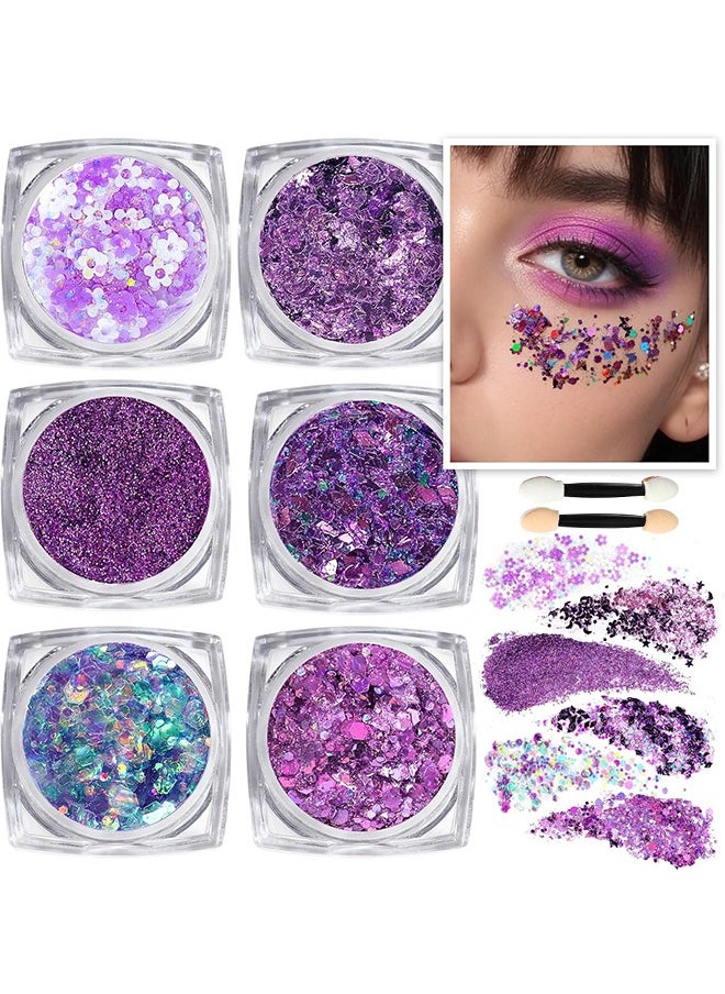 HY - Teenitor Body Glitter Gel, Purple Face Glitter Set, 6 Shapes Face and Body Glitter, Hair Glitter Gel, Purple Makeup Glitters Gel for Face, Body, Hair - Image 1