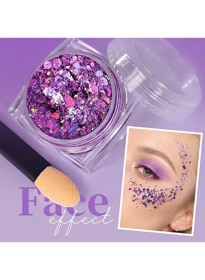 HY - Teenitor Body Glitter Gel, Purple Face Glitter Set, 6 Shapes Face and Body Glitter, Hair Glitter Gel, Purple Makeup Glitters Gel for Face, Body, Hair - Image 1