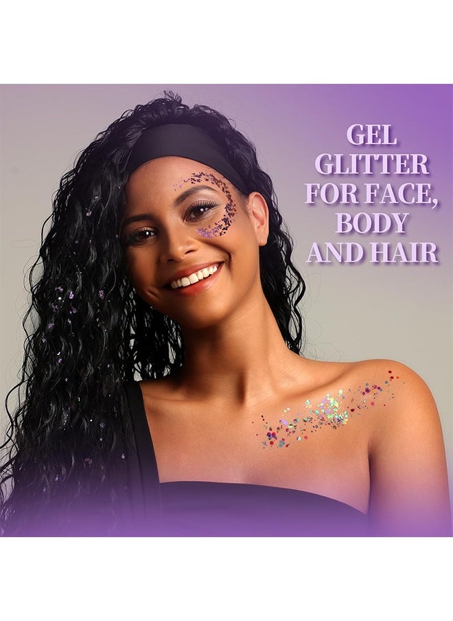 HY - Teenitor Body Glitter Gel, Purple Face Glitter Set, 6 Shapes Face and Body Glitter, Hair Glitter Gel, Purple Makeup Glitters Gel for Face, Body, Hair - Image 1