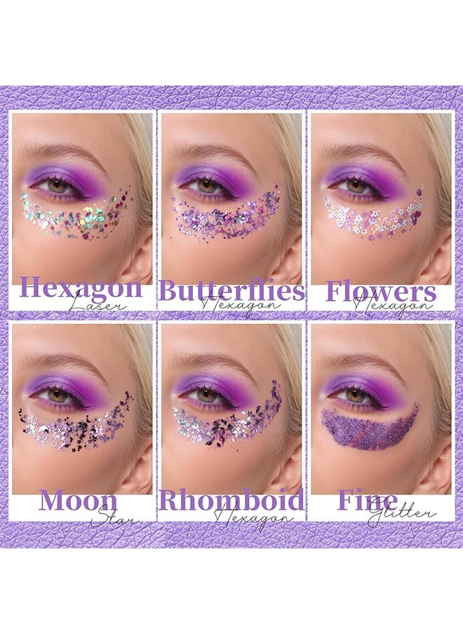 HY - Teenitor Body Glitter Gel, Purple Face Glitter Set, 6 Shapes Face and Body Glitter, Hair Glitter Gel, Purple Makeup Glitters Gel for Face, Body, Hair - Image 1