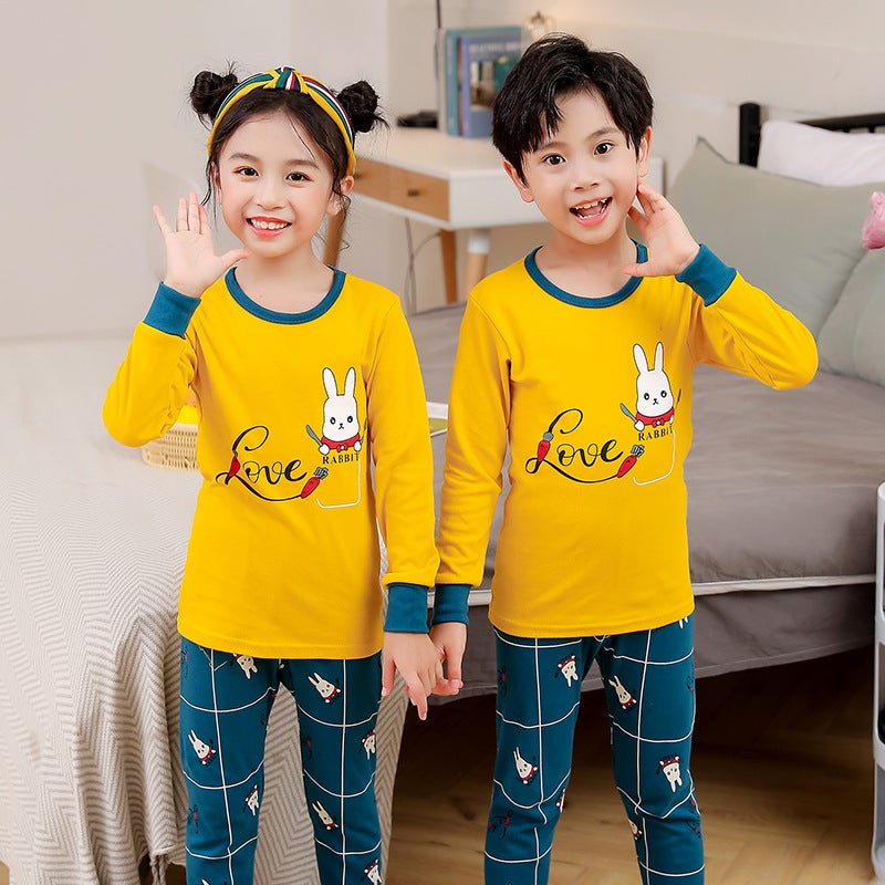 2023 new childrens clothing autumn and winter cotton underwear set boys and girls close-fitting underwear home clothing A autumn pants Yellow Rabbit (Set) 