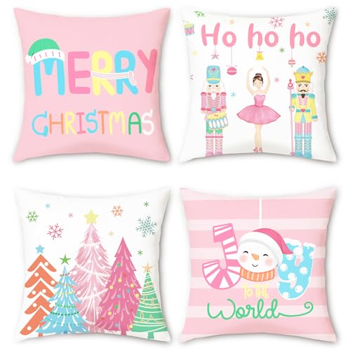 Bonhause Merry Christmas Nutcrackers Throw Pillow Covers 18 x 18 Inch Xmas Tree Snowman Pink Decorative Pillows Soft Velvet Cushion Cases for Couch Bed Home Winter Holiday Decor Set of 4 - Image 1