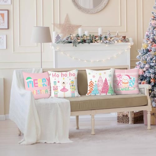 Bonhause Merry Christmas Nutcrackers Throw Pillow Covers 18 x 18 Inch Xmas Tree Snowman Pink Decorative Pillows Soft Velvet Cushion Cases for Couch Bed Home Winter Holiday Decor Set of 4 - Image 3