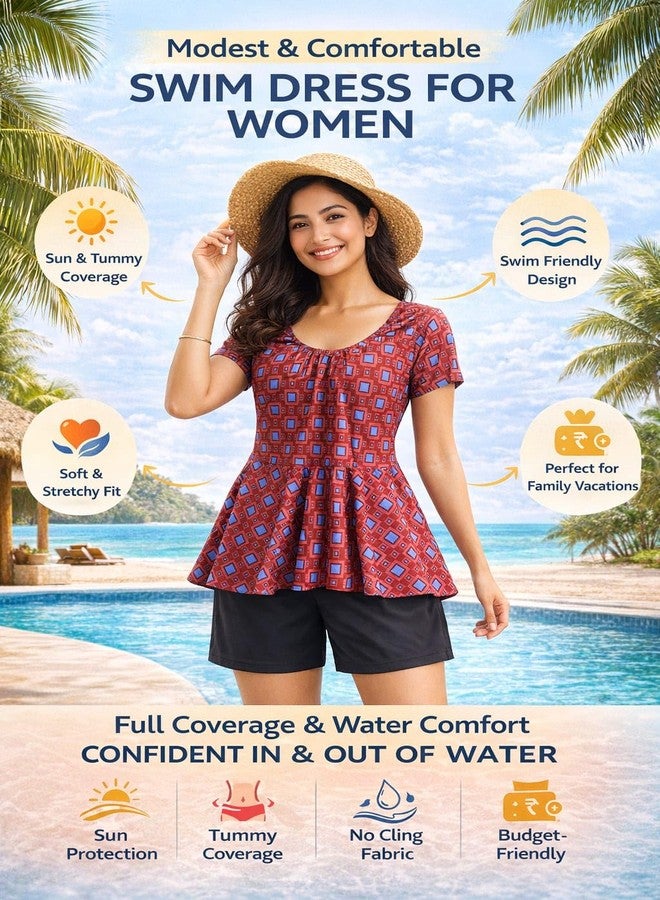 NLW Women's Peplum Swimsuit Set, Geometric Rust Brown & Blue Print, 4-Way Stretch, Quick Dry, Elasticized Scoop Neckline with Shorts (in, Alpha, 5XL, Regular) - Image 4