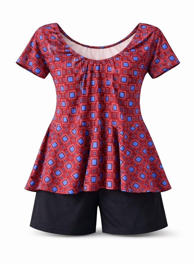 NLW Women's Peplum Swimsuit Set, Geometric Rust Brown & Blue Print, 4-Way Stretch, Quick Dry, Elasticized Scoop Neckline with Shorts (in, Alpha, 5XL, Regular) - Image 1
