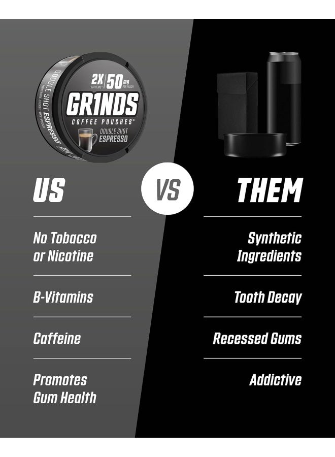 GRINDS Grinds Coffee Pouches | 3 Cans of Double Shot Espresso | Tobacco Free, Nicotine Free Healthy Alternative | 18 Pouches Per Can | 2x Caffeine 1 Pouch eq. 1/2 Cup of Coffee  - Image 3